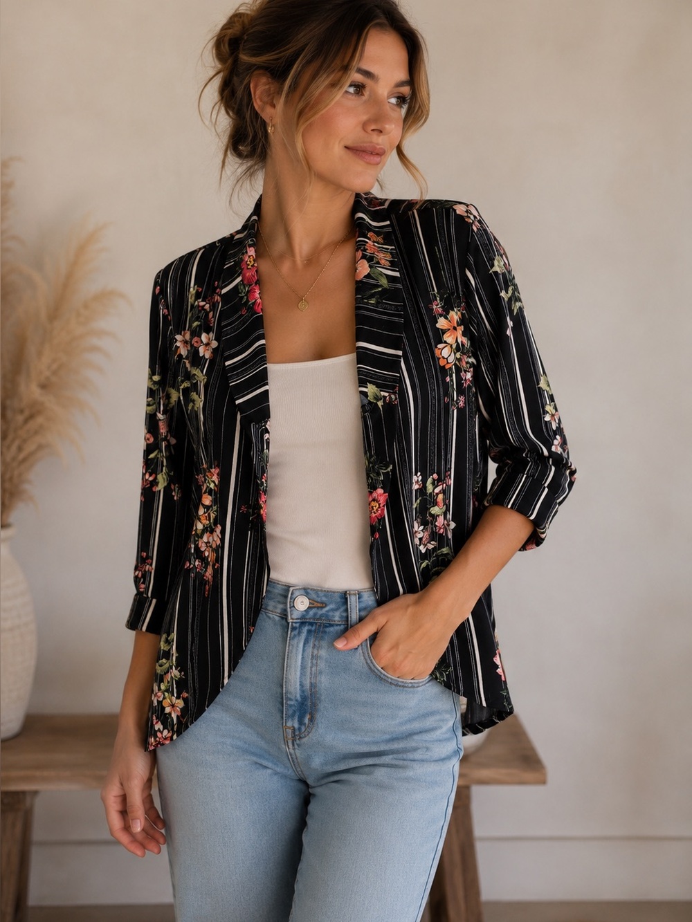 Moa Moa Black Floral Open Front Top with Pink & Green Accents small blazer